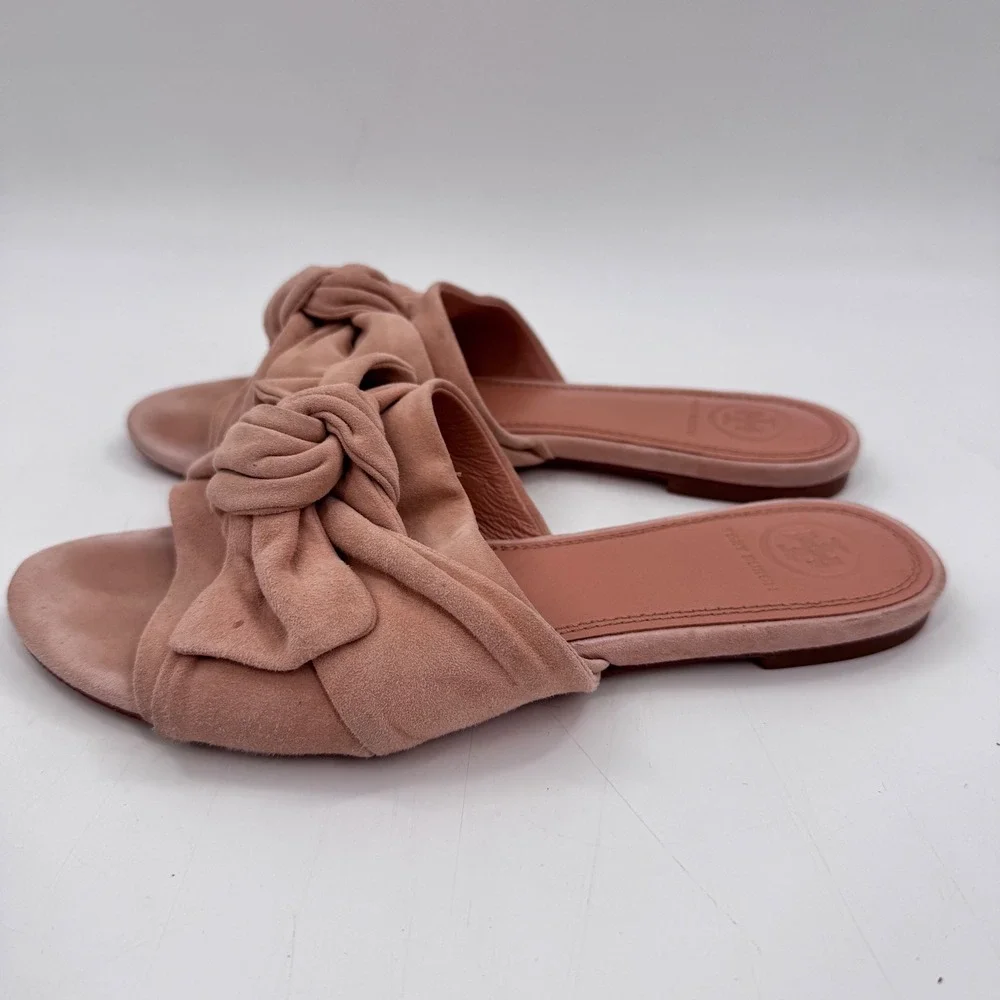 Tory Burch Annabelle Bow Suede Slide Sandals Blush Nude Size 6.5 Leather Sole
